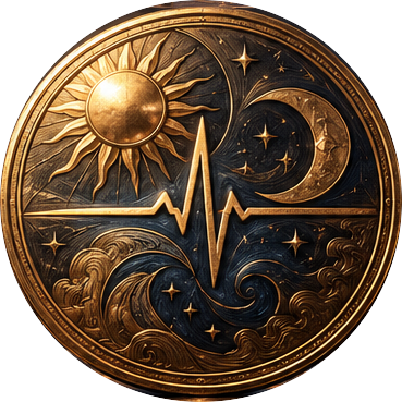 Sculpted gold medallion with a sun, a crescent moon, a heartbeat line and flowing waves